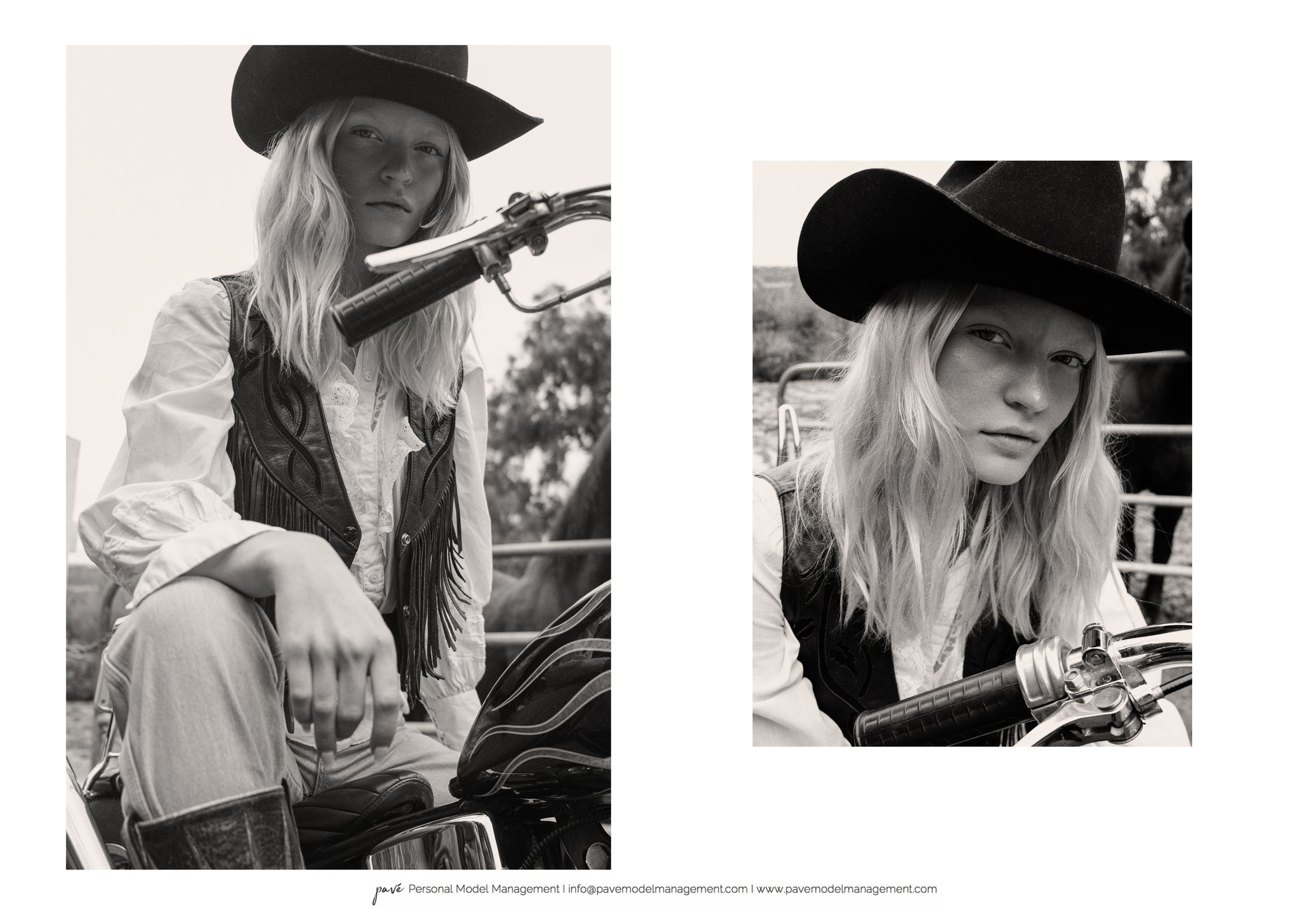 Two black and white photos of a woman with long blond hair wearing a cowboy hat and fringed vest while sitting on a motorcycle.