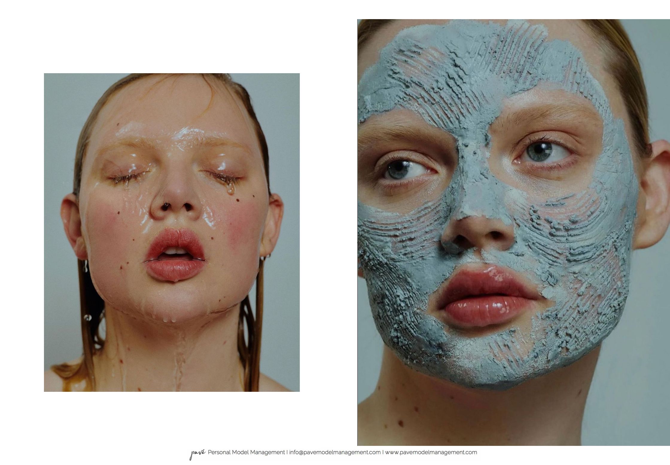 Two close-up portraits of models, one with water running down her face and the other with a grey facial mask.