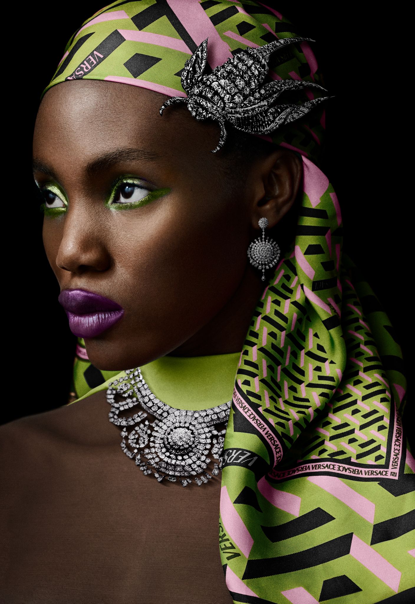 Final beauty portrait with AI generated jewellery, photographed by Ava Pivot
