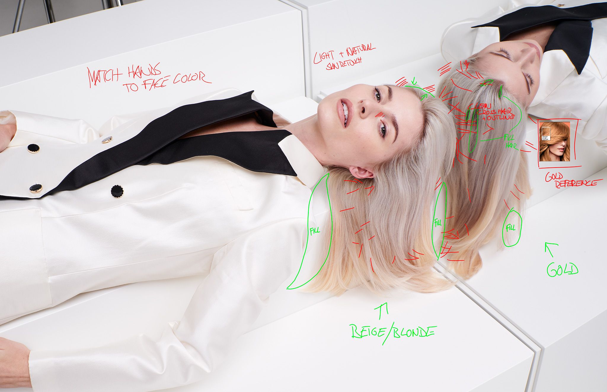 Retouching markup with notes and the color reference for the twin in the mirror