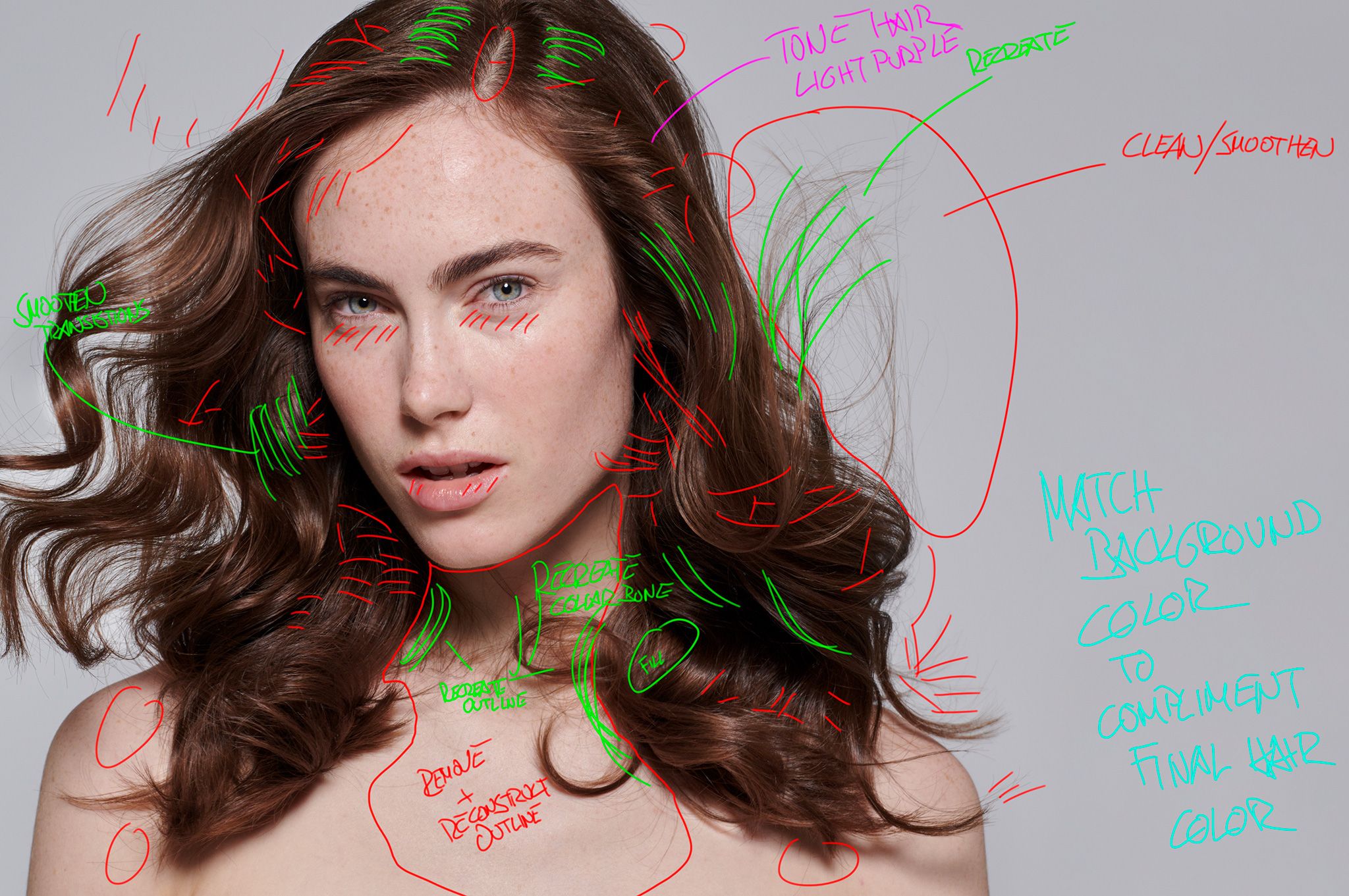 Retouching markup with notes, background extension and master crop