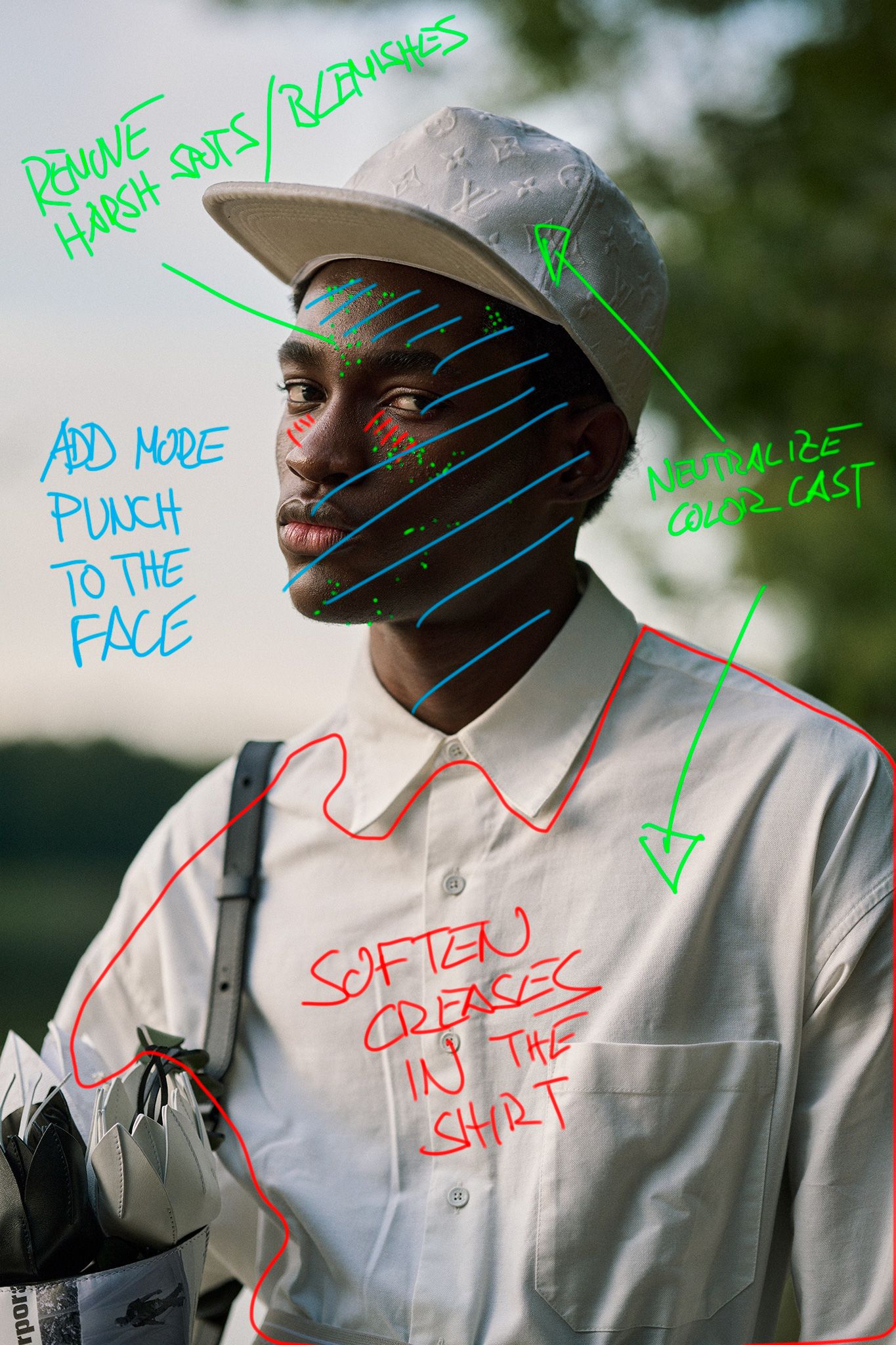 Retouching markup with notes on fabric, skin and creases